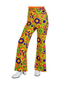 Jaren 70 broek groovy cirkels dames - gele hippie discobroek met cirkelprint