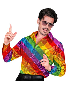 Paillettenshirt heren regenboog - regenboog glitter discoshirt met pailletten gedragen