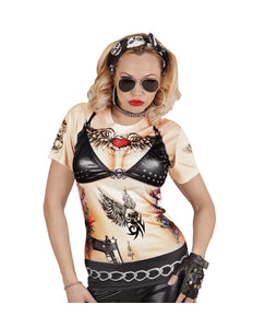 3D rocker shirt dames met tattoo fotoprint, stoere biker verkleedshirt vrouw vooraanzicht