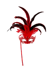 Widmann SRL Rode oogmasker met veren op stokje