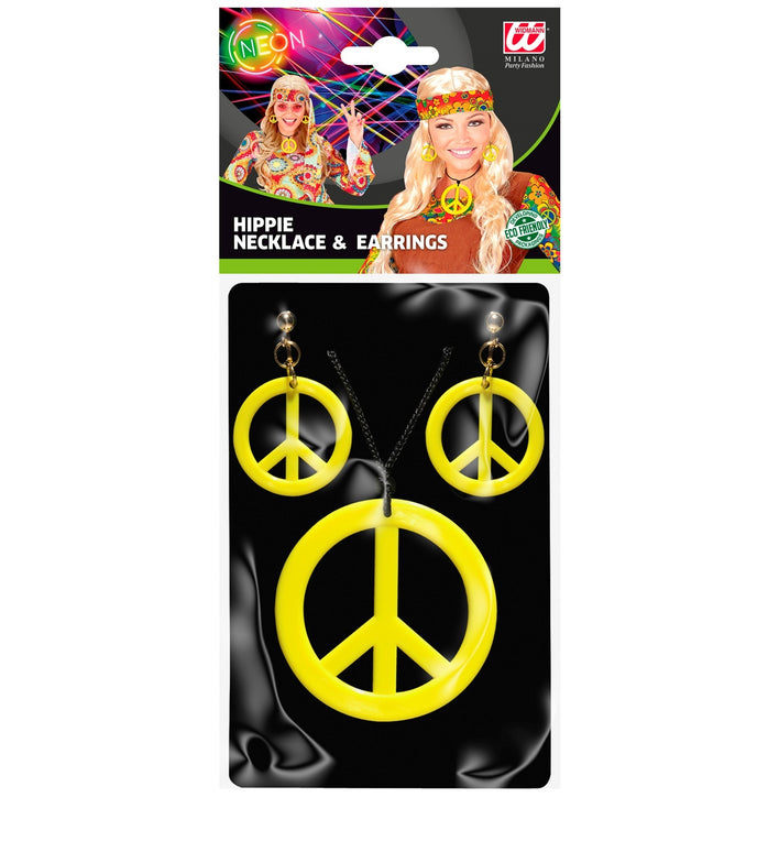 Hippie Peace ketting en oorbellen geel