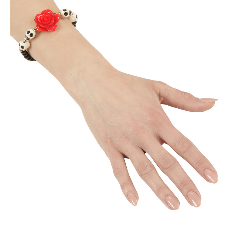 Schedel armband met rode roos