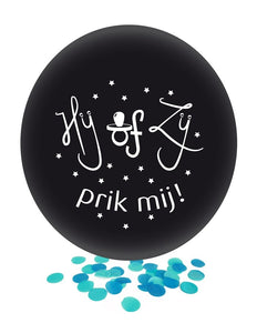 PartyXplosion Ballon HIJ OF ZIJ met blauwe confetti
