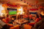 Woonkamer versierd met oranje decoratie voor het WK of EK
