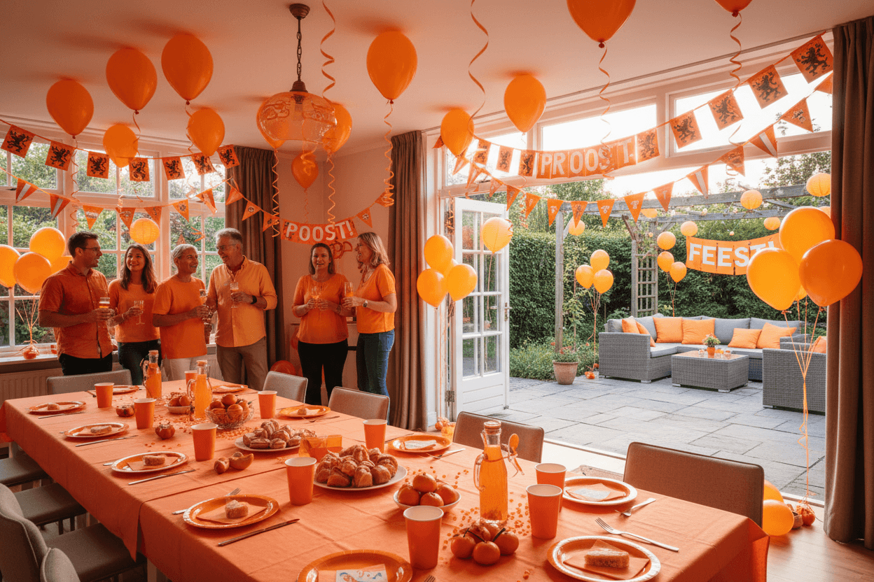 Oranje feestversiering met ballonnen, slingers en vlaggen voor een oranje feest