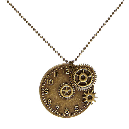 Steampunk ketting met zakhorloge en tandwielen in brons en koper