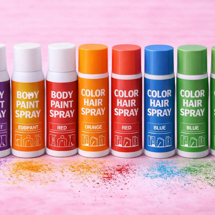 Haar- en bodyspray in diverse kleuren voor carnaval, haarspray en body paint