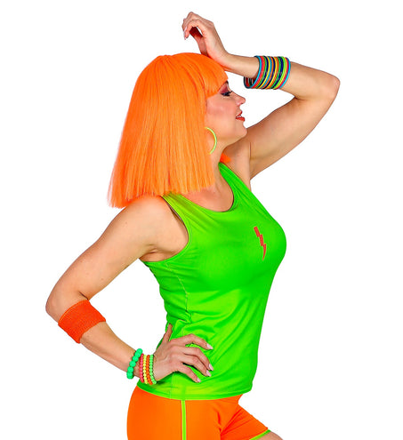 Neon groene tanktop detail, fout feest disco kleding jaren 80