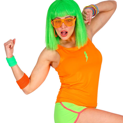 Neonoranje mouwloos shirt achterkant, fluo jaren 80 party top dames