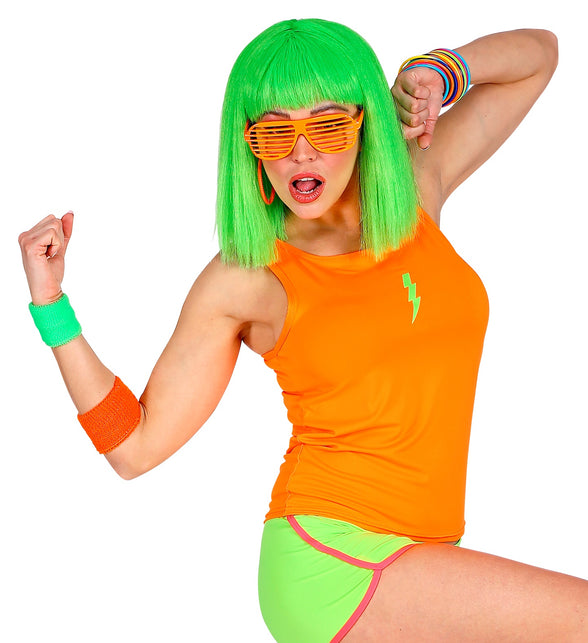 Neonoranje mouwloos shirt achterkant, fluo jaren 80 party top dames