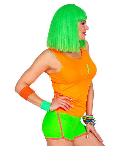 Neon oranje tanktop detail, fout feest disco kleding jaren 80