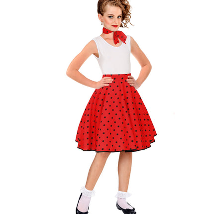 Holly jaren 50 rok rood kind gedragen - polka dot rock n roll rok meisjes