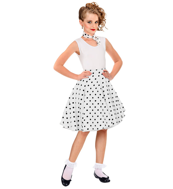 Holly jaren 50 rok kind gedragen - witte polka dot rock n roll rok meisjes
