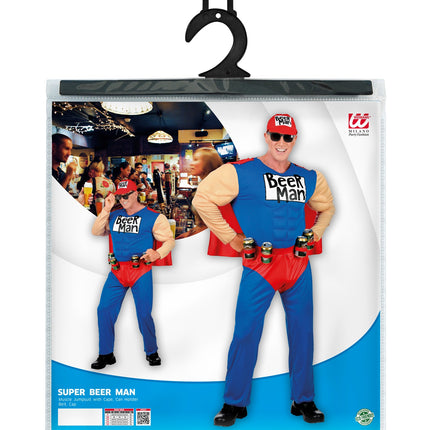 Superman bierman compleet met cape en basecap, foute party bier kostuum