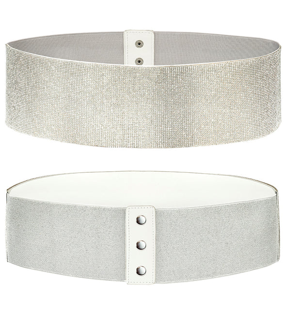 Strass riem dames zilver, brede tailleband met glinsterende steentjes en witte drukknoopsluiting