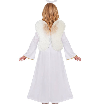 Achterkant van de engel jurk voor meisjes met witte vlindervormige vleugels met glitterspikkels
