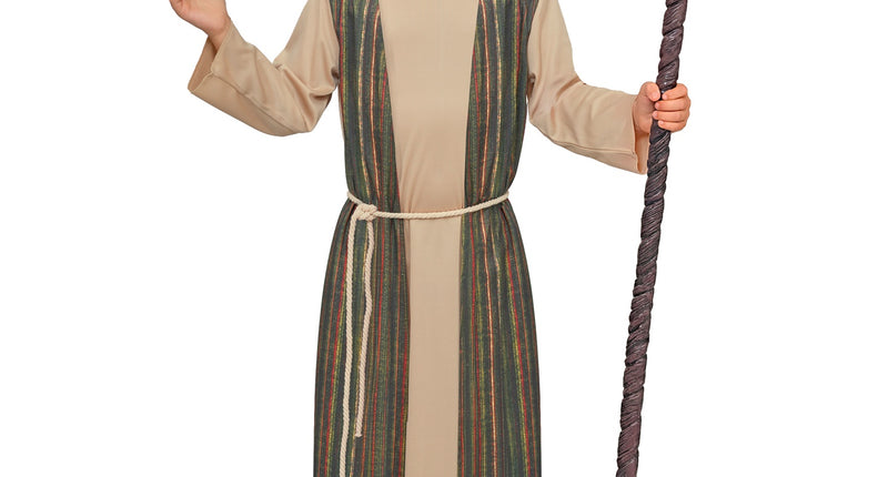 Herder tuniek met riem voor jongens, beige gewaad met groen gestreepte banen en hoofddoek voor de kerststal