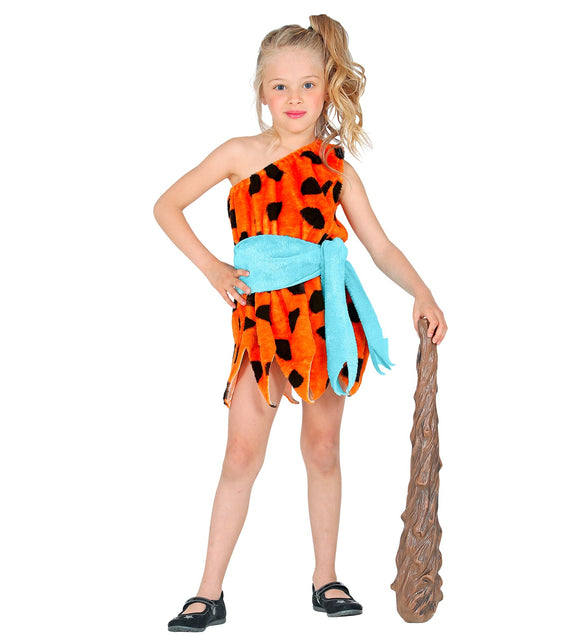 Oermens verkleedjurk kind met luipaardprint detail, steentijd carnaval meisje