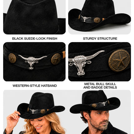 Detailfoto's cowboy hoed Dallas: suedelook stof, zwarte band, zilveren stierenkop en sterconchos