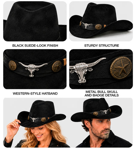 Detailfoto's cowboy hoed Dallas: suedelook stof, zwarte band, zilveren stierenkop en sterconchos