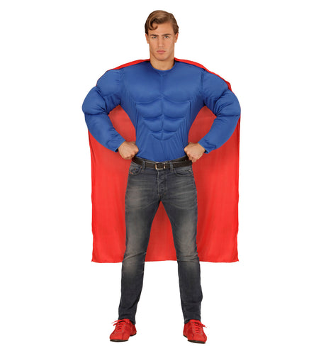 Superheld spierballen shirt met cape, super muscle held kostuum vooraanzicht