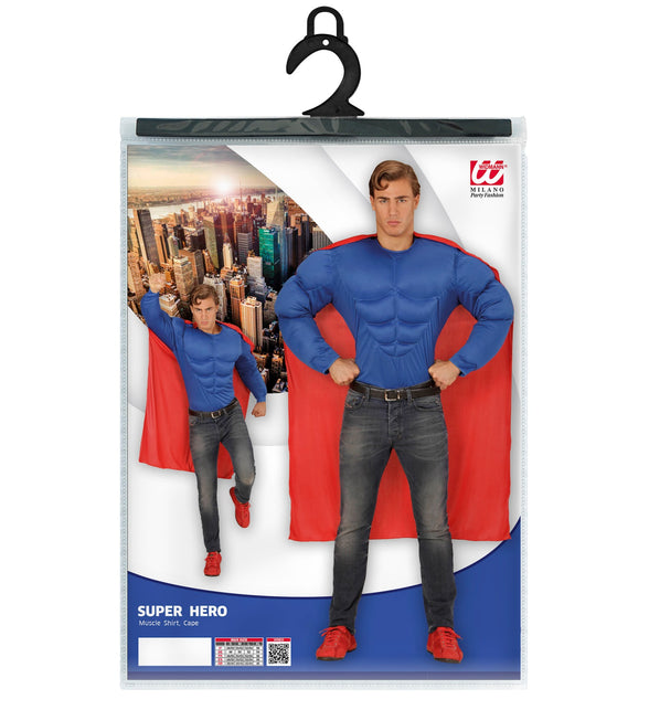 Superheld spierballen shirt compleet, super muscle held kostuum met cape