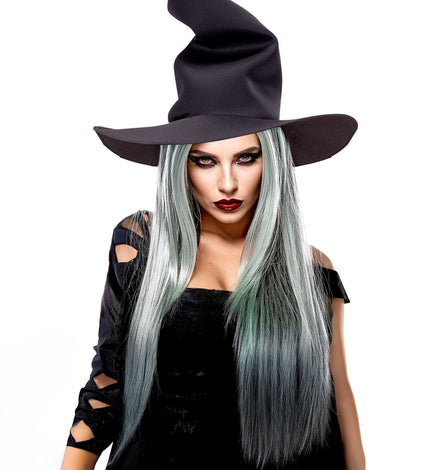Heksenpruik dames in mintgroen met zilvergrijze lokken, lang en steil, voor Halloween