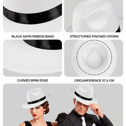 Fedorahoed wit met zwart band close-up – verkleedkleding
