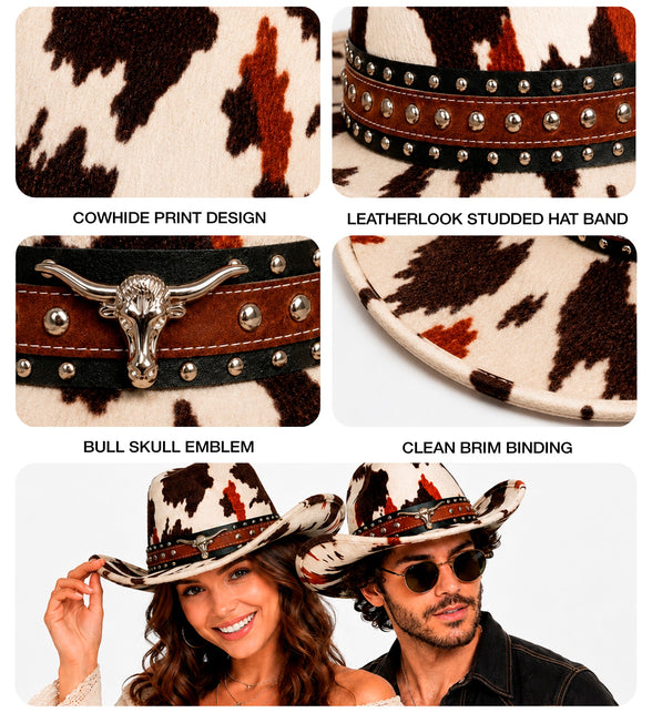 Detailfoto cowboyhoed: koeienhuidprint, studs, stierenkop en afgebiesde rand