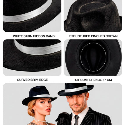 Fedorahoed zwart met wit band close-up – verkleedkleding