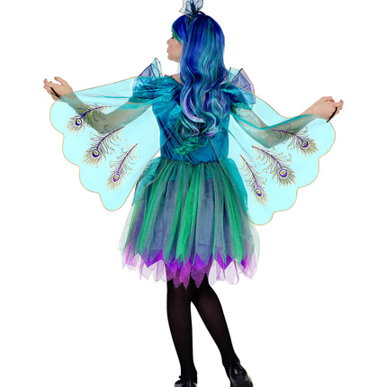 Pauwenjurk meisje met veren, kleurrijke pauw verkleedkleding detail