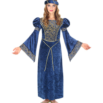 Middeleeuwse renaissance verkleedjurk kind blauw, edelvrouw outfit meisje