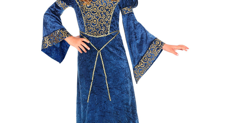 Renaissance jurk blauw voor meisjes met hoofdtooi, middeleeuwse jonkvrouw kostuum kind vooraanzicht