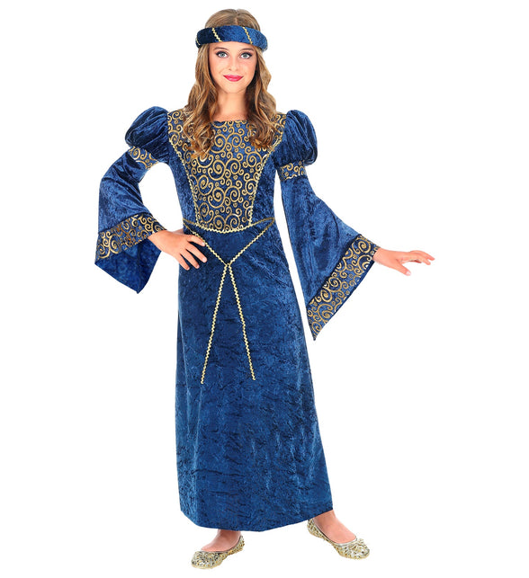 Renaissance jurk blauw voor meisjes met hoofdtooi, middeleeuwse jonkvrouw kostuum kind vooraanzicht