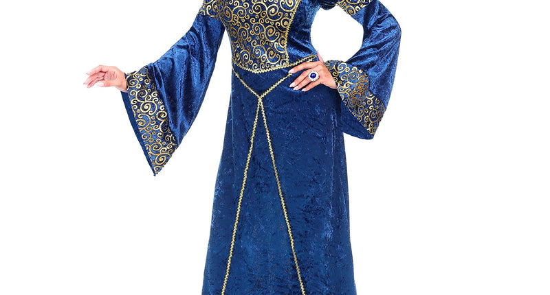 Renaissance kostuum blauw voor dames met hoofdtooi, middeleeuwse jonkvrouw jurk vooraanzicht