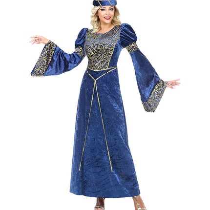 Middeleeuwse renaissance verkleedjurk dames blauw, edelvrouw outfit detail