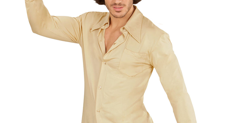 Jaren 70 disco hemd beige Groovy, retro seventies overhemd heren vooraanzicht