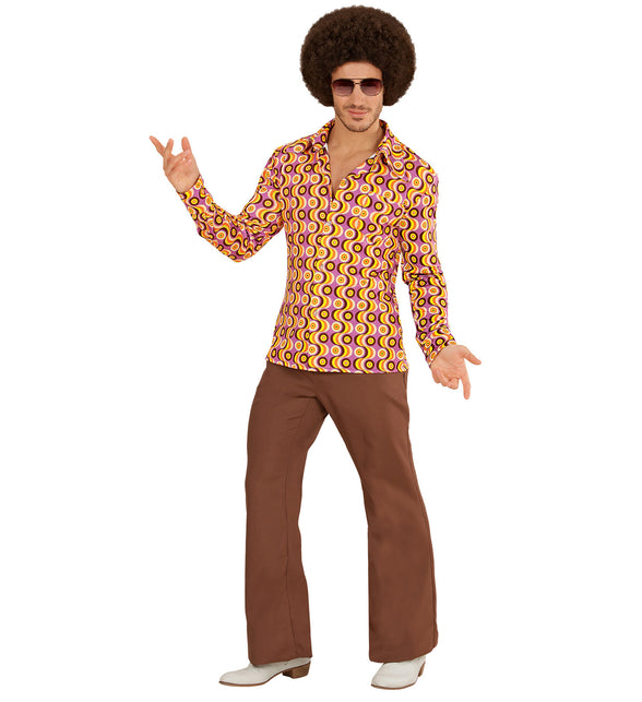 Disco hemd jaren 70 platenprint achterkant, retro groovy overhemd detail