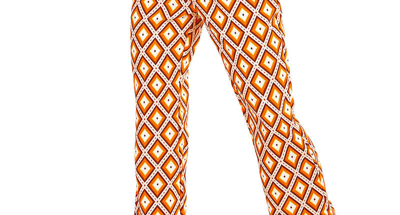 Jaren 70 disco broek heren geruit, retro flared hippie broek vooraanzicht
