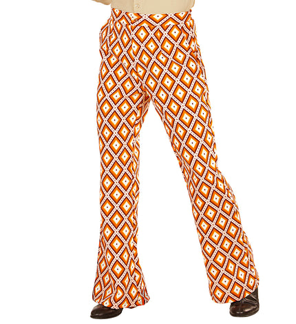 Jaren 70 disco broek heren geruit, retro flared hippie broek vooraanzicht