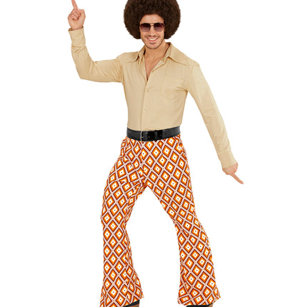 Geruite disco broek jaren 70 achterkant, retro wijde pijpen hippie detail