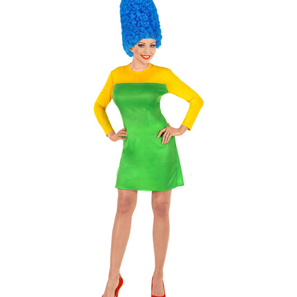 Comics girl jurk met blauwe pruik, cartoon verkleedset dames detail