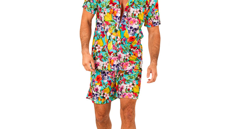 Zomer party set Skulls heren - Hawaii blouse en short met schedelprint