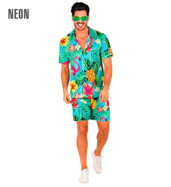 Flamingo Hawaii set heren - tropische beach party blouse en short aloha