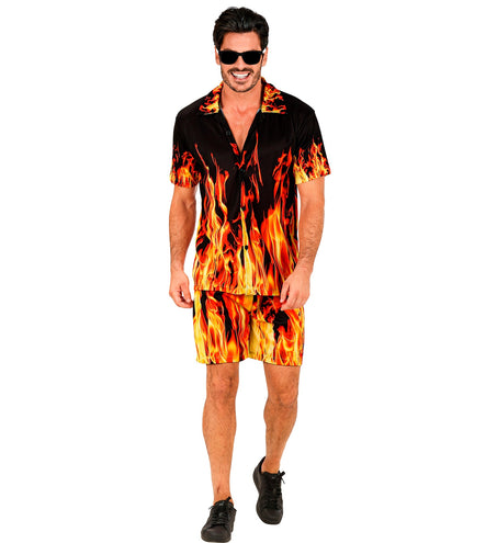 Zomer party set Flames heren - Hawaii blouse en short met vlammenprint