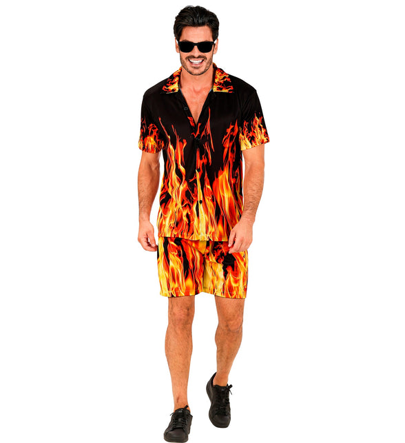 Zomer party set Flames heren - Hawaii blouse en short met vlammenprint