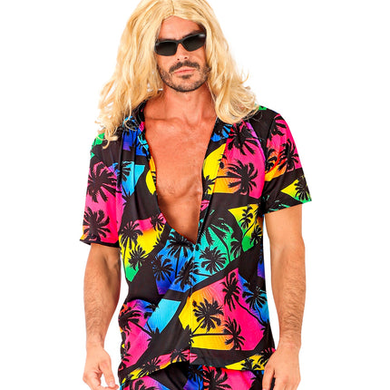 Palmtrees Hawaii shirt heren detail - tropische zomerblouse palmbomen aloha