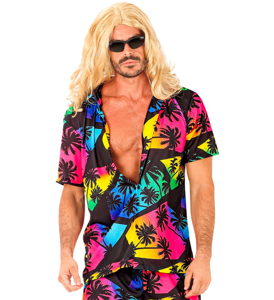 Palmtrees Hawaii shirt heren detail - tropische zomerblouse palmbomen aloha