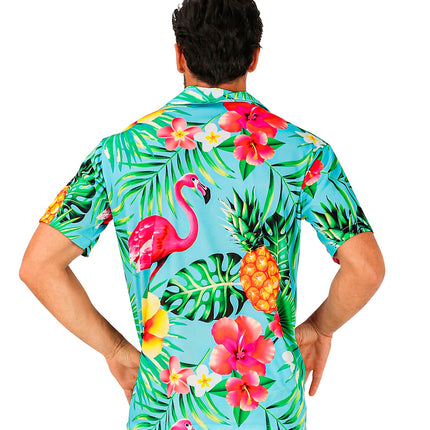 Zomer partyshirt Flamingo heren close-up - aloha hemd met flamingomotief