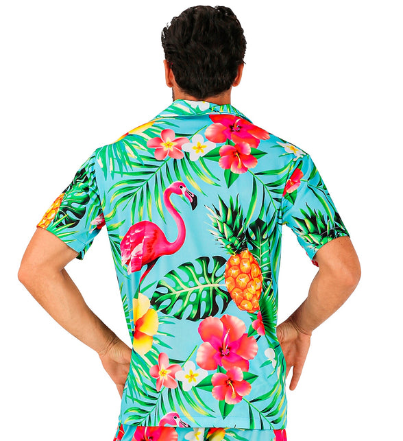 Zomer partyshirt Flamingo heren close-up - aloha hemd met flamingomotief